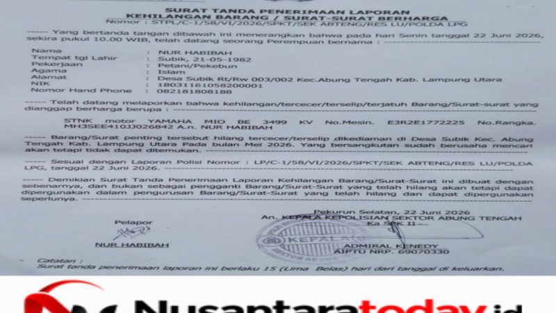 STNK Motor Tercecer, Petani di Lampung Utara Kantongi Surat Kehilangan dari Polsek Abung Tengah