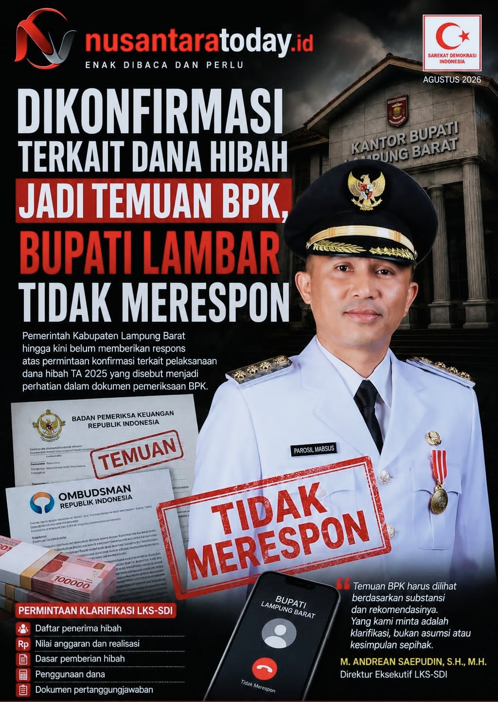 Bupati Lambar Belum Respons soal Dana Hibah 2025 yang Disorot BPK 6 IMG 20260826 140233